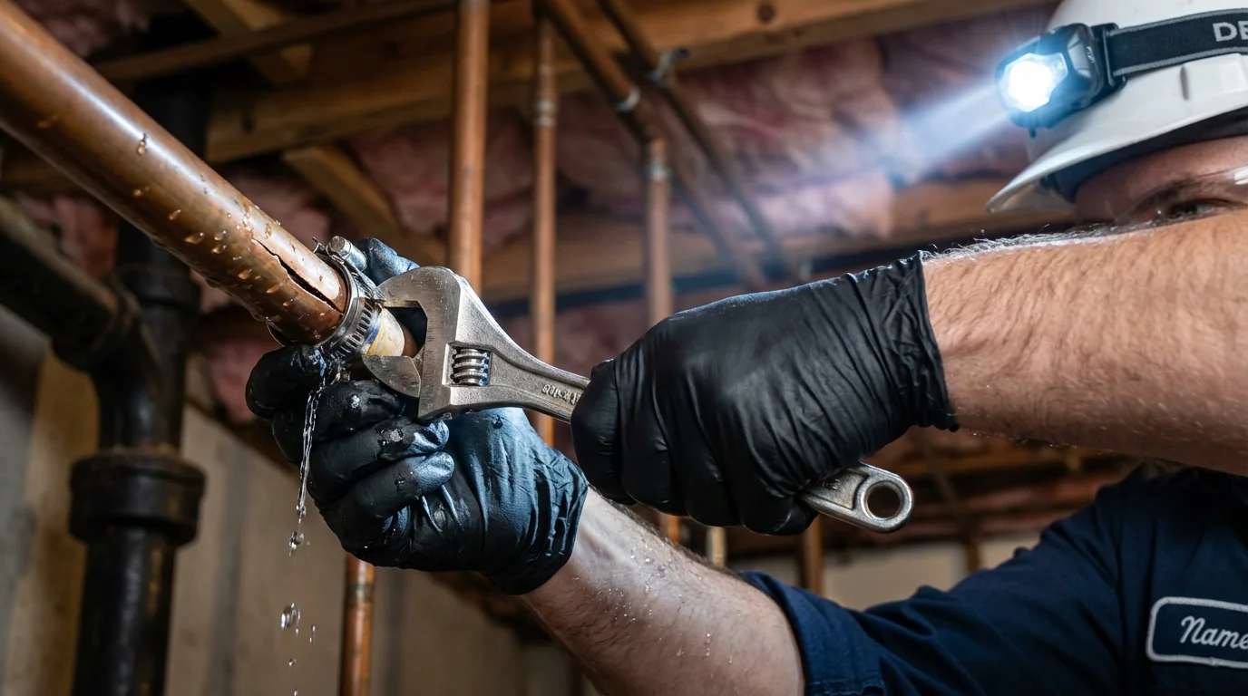Emergency pipe clamp repair being performed by a Johns Plumbing LLC plumber in Carson