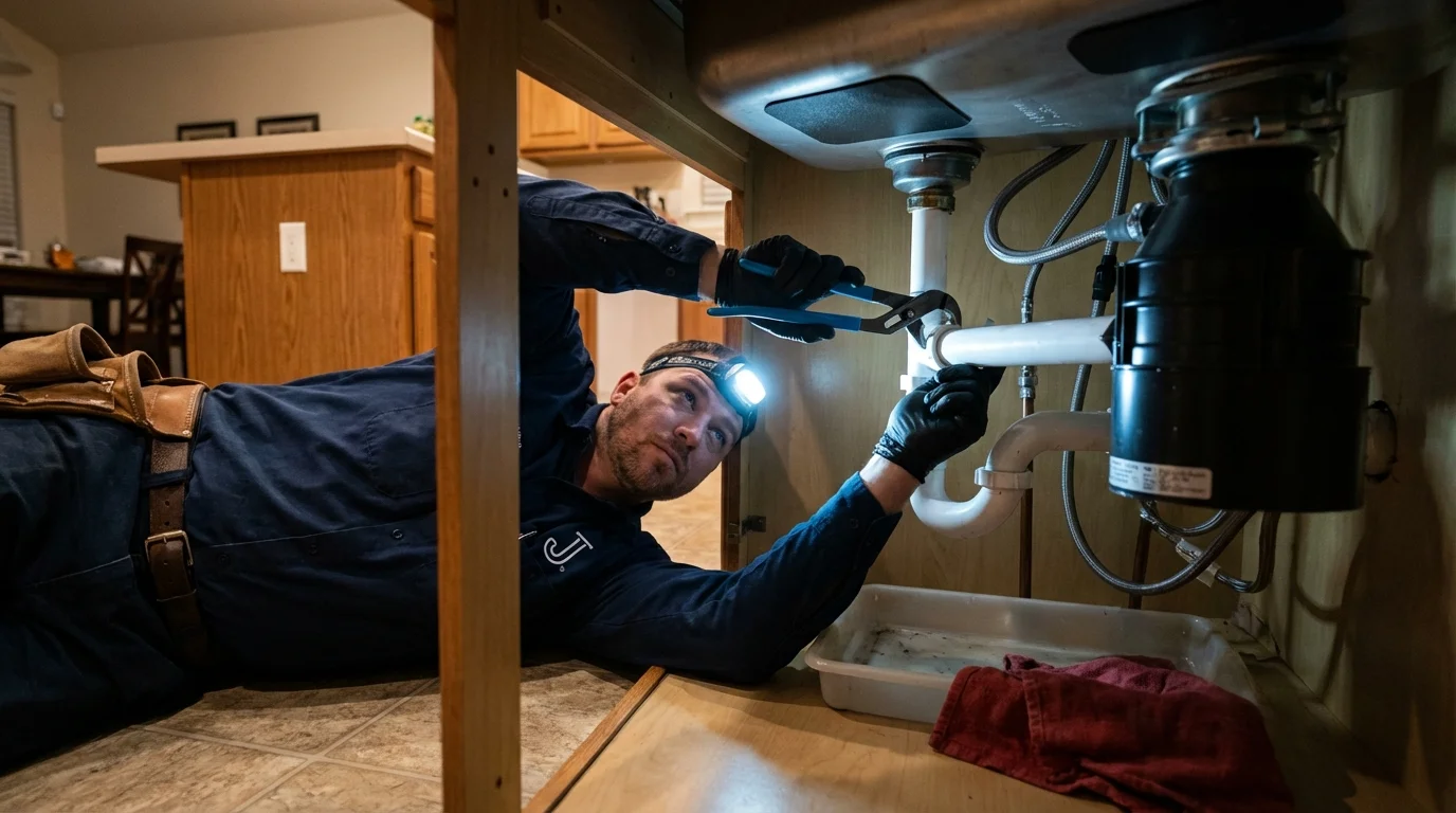 P-trap and supply line connections under a kitchen sink showing a common leak point in Carson, CA